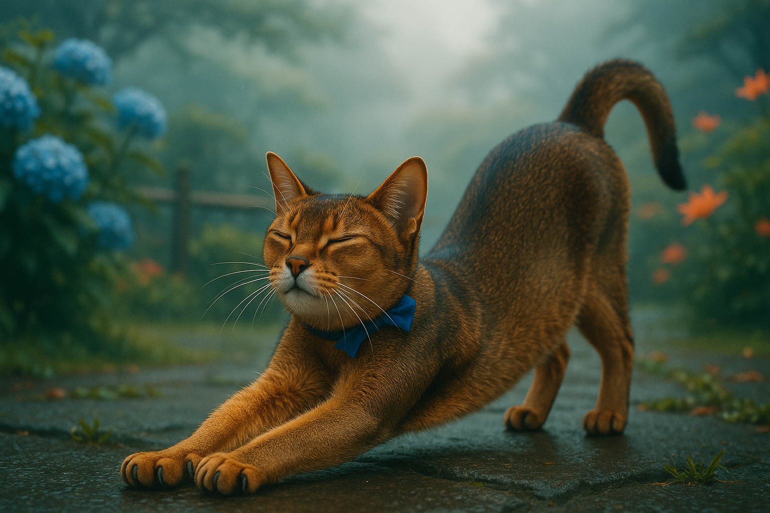 朝霧の庭でひと伸び