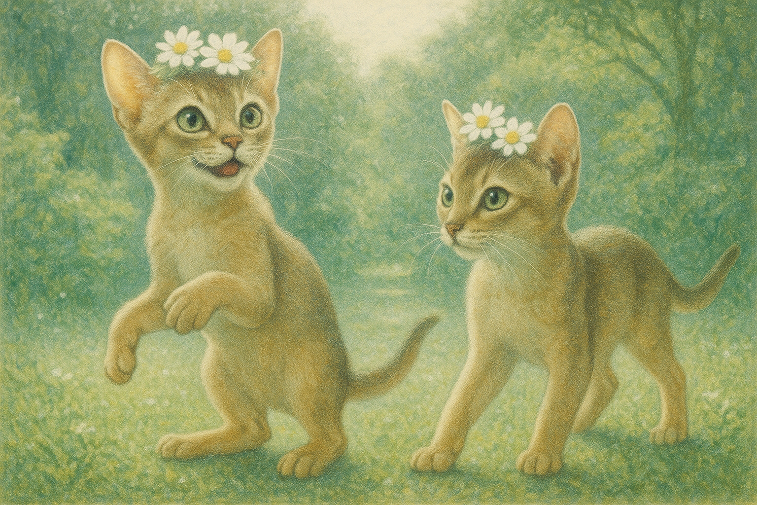 朝の庭で踊るアビシニアン仔猫たち