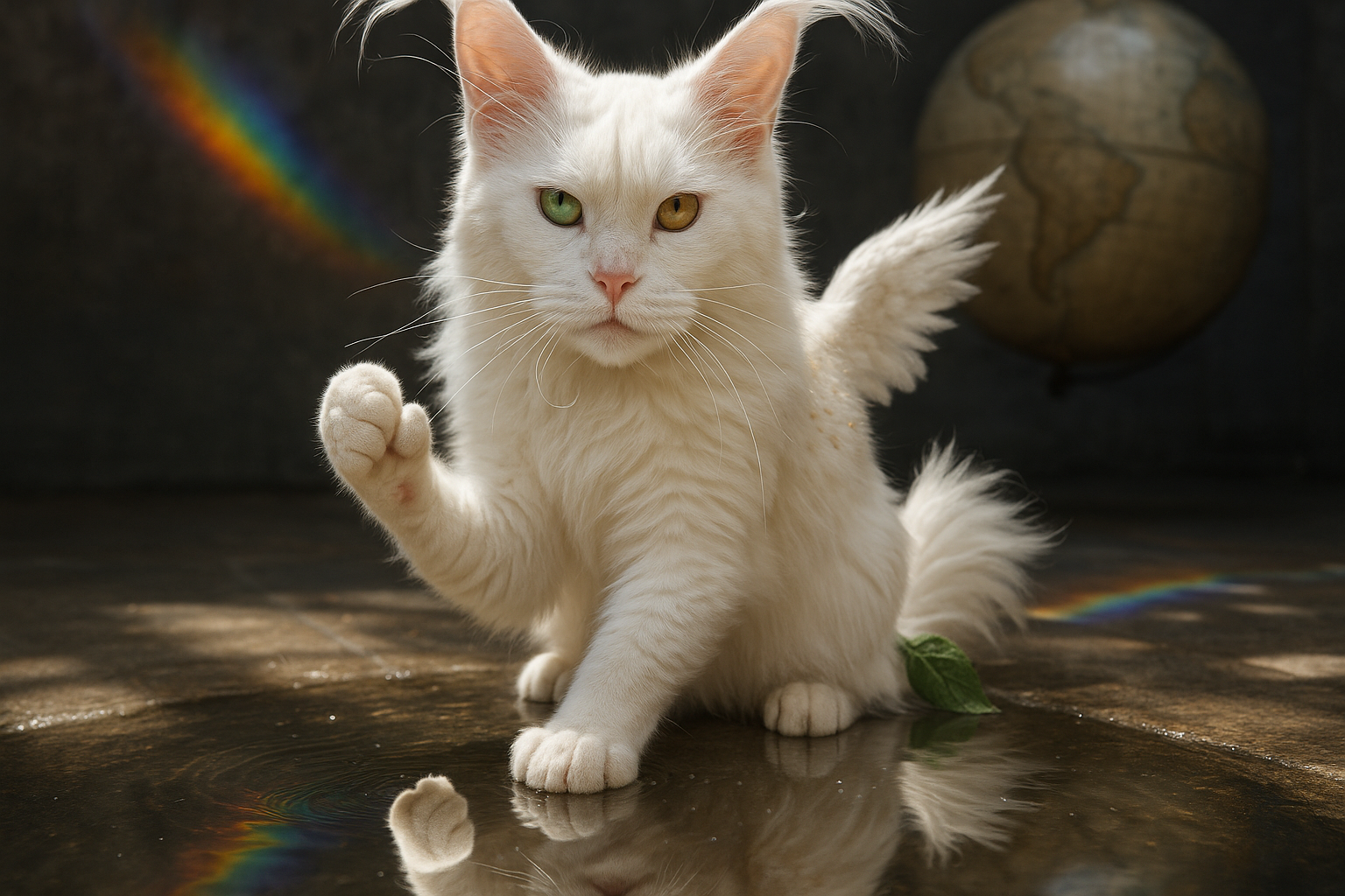 幻影じゃんけん—虹色の水面に遊ぶアルビノ猫