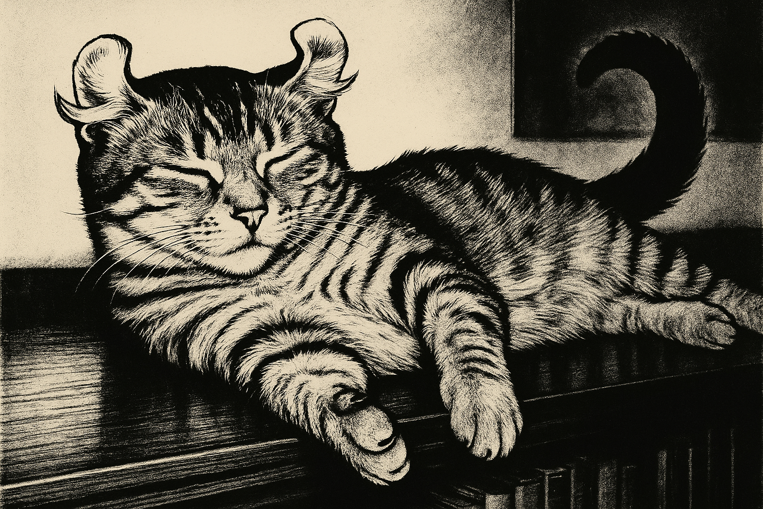 眠そうなアメリカンカールとモノクロ図書館の夢