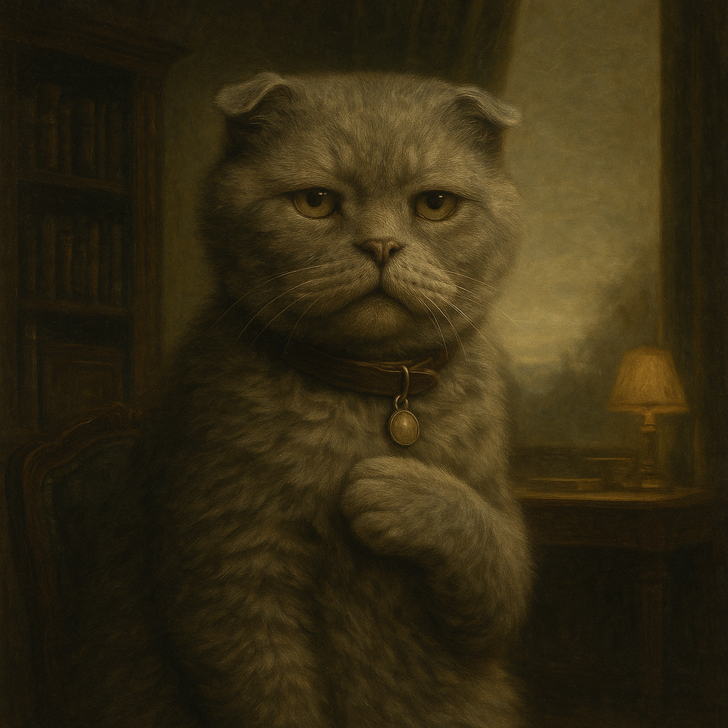 書斎の片隅、思慮深きスコティッシュフォールド