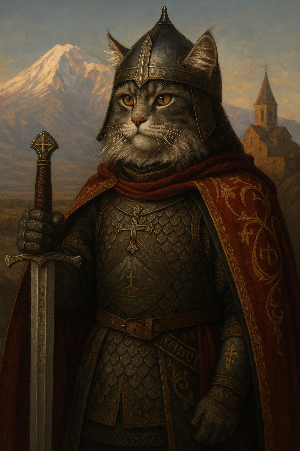 聖山を背に立つアルメニア猫騎士