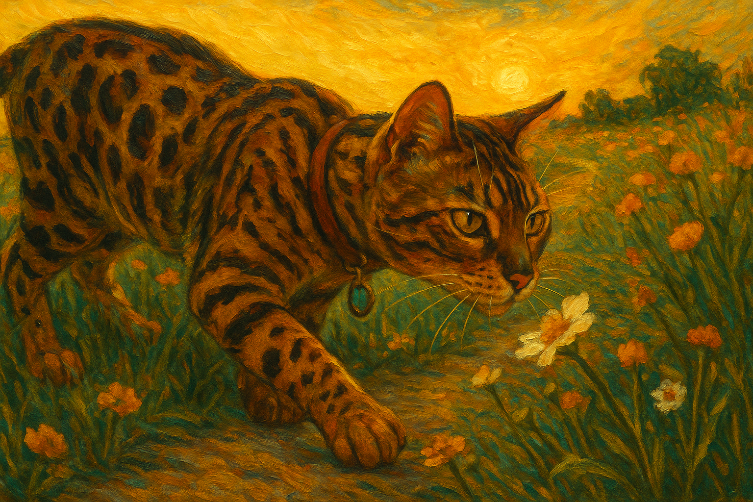 夕暮れの小道を探検するベンガル猫