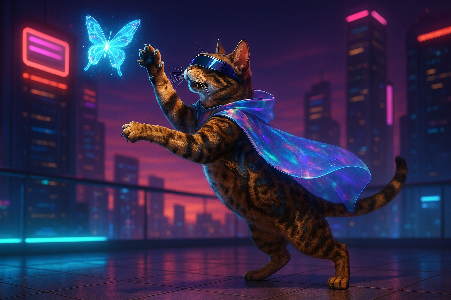 未来都市のホログラムバタフライを追うベンガル猫