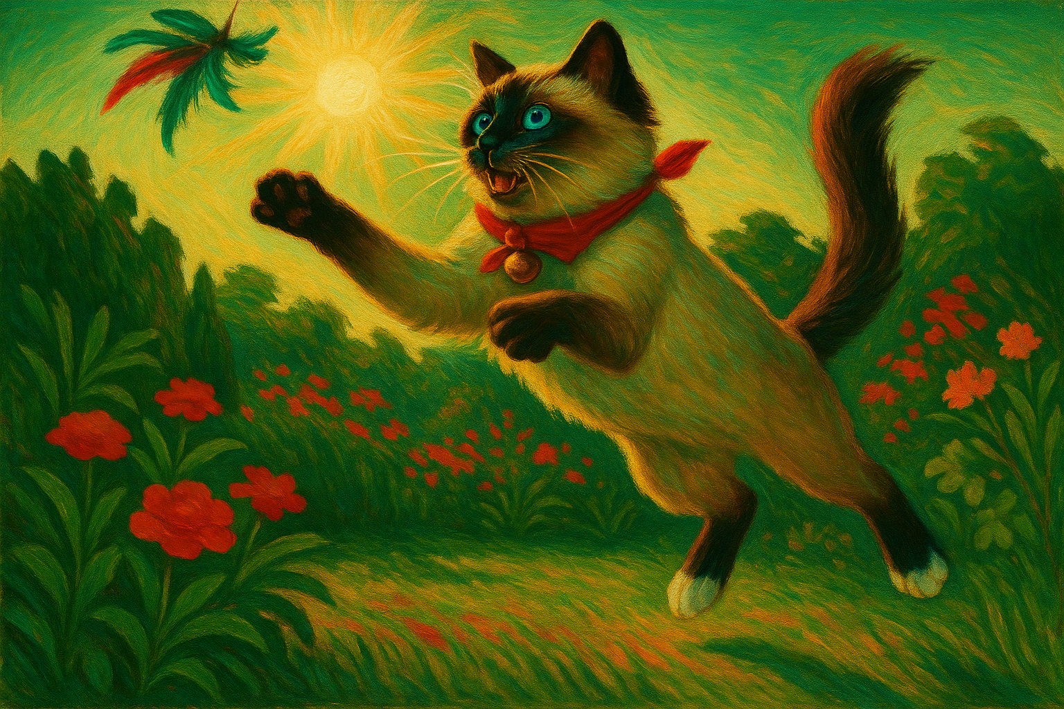 朝日の中で羽根を追いかけるバーマン猫