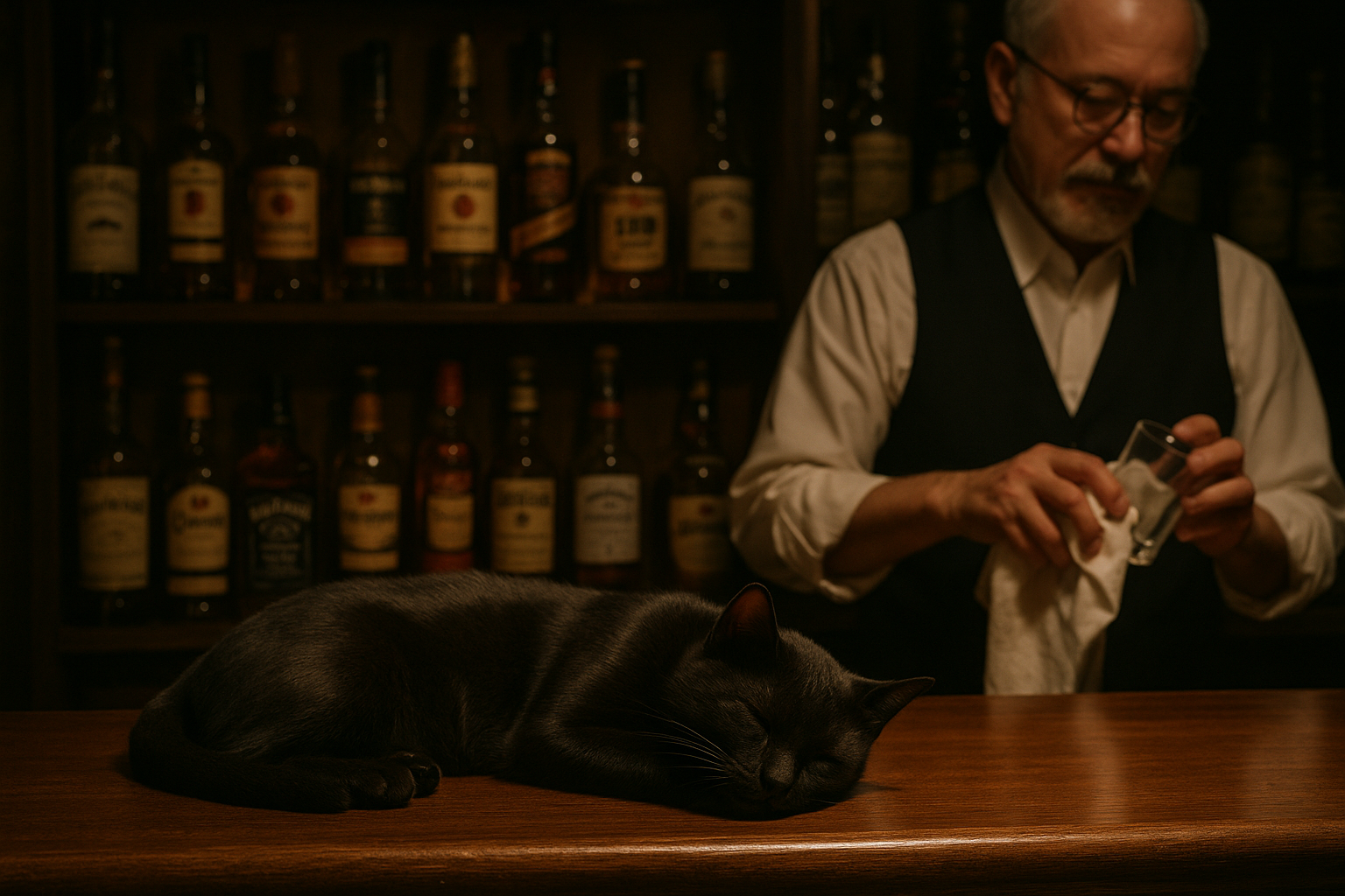 黒猫ボンベイ、静かな夜のバーカウンター