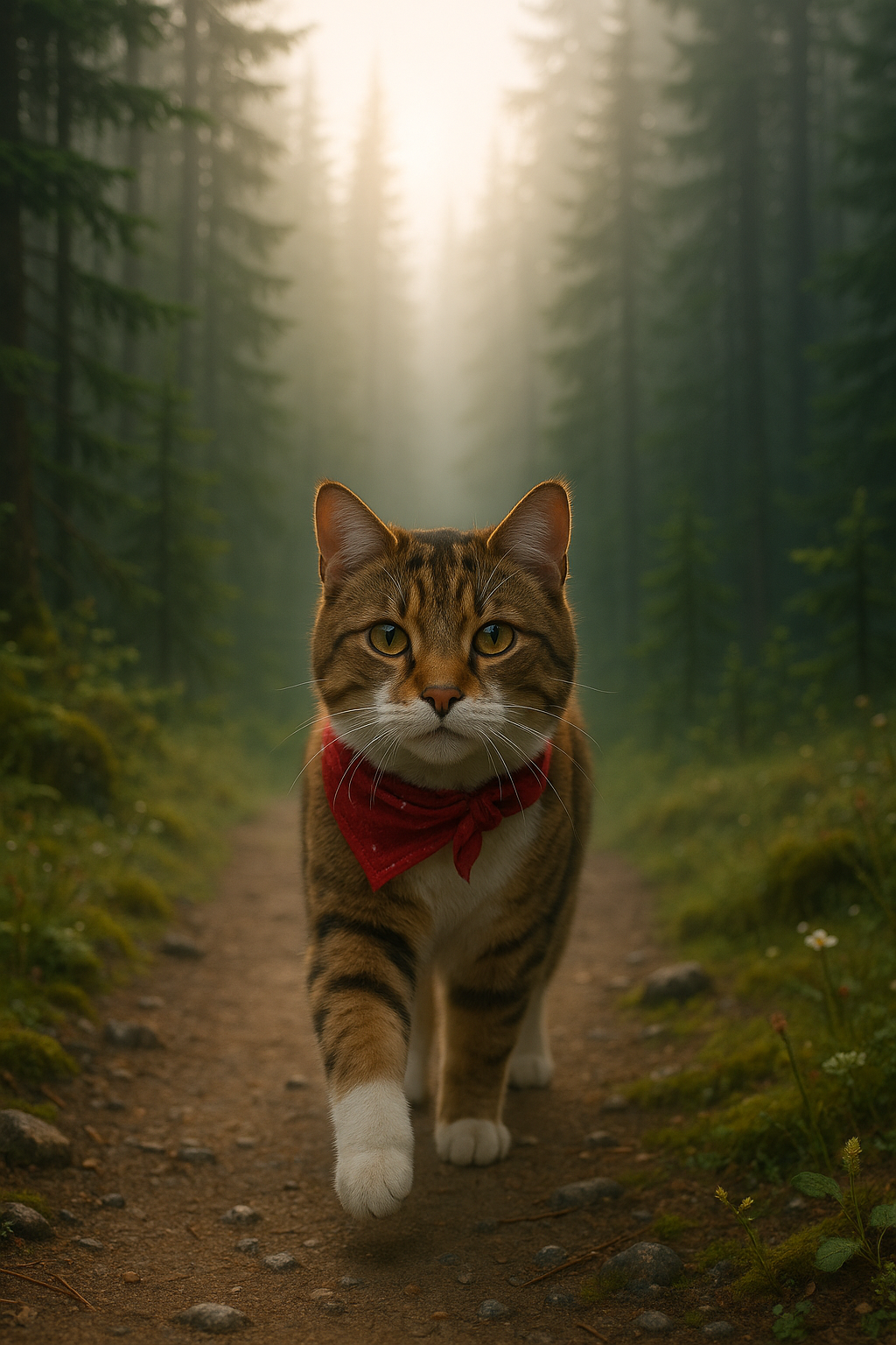 カナダの森を歩く冒険好きな猫