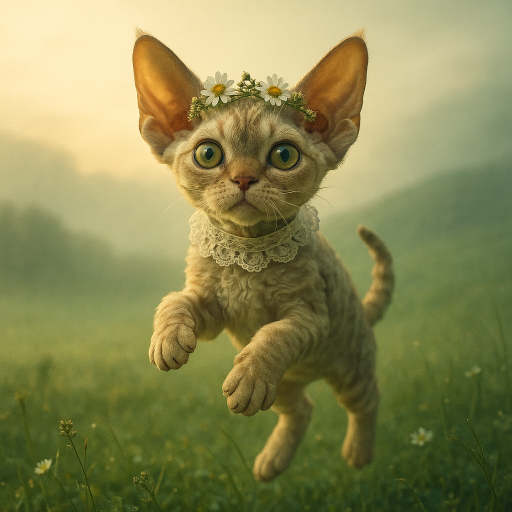 朝もやの草原で跳ねるデボンレックスの仔猫