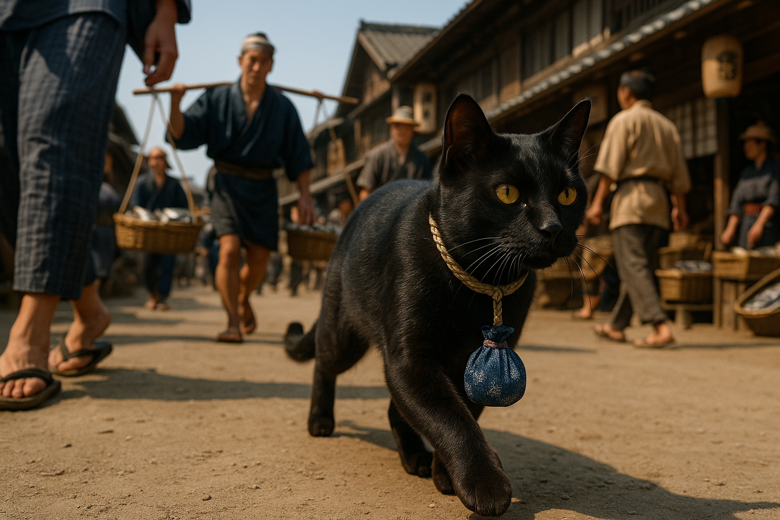 魚河岸を駆ける粋な黒猫