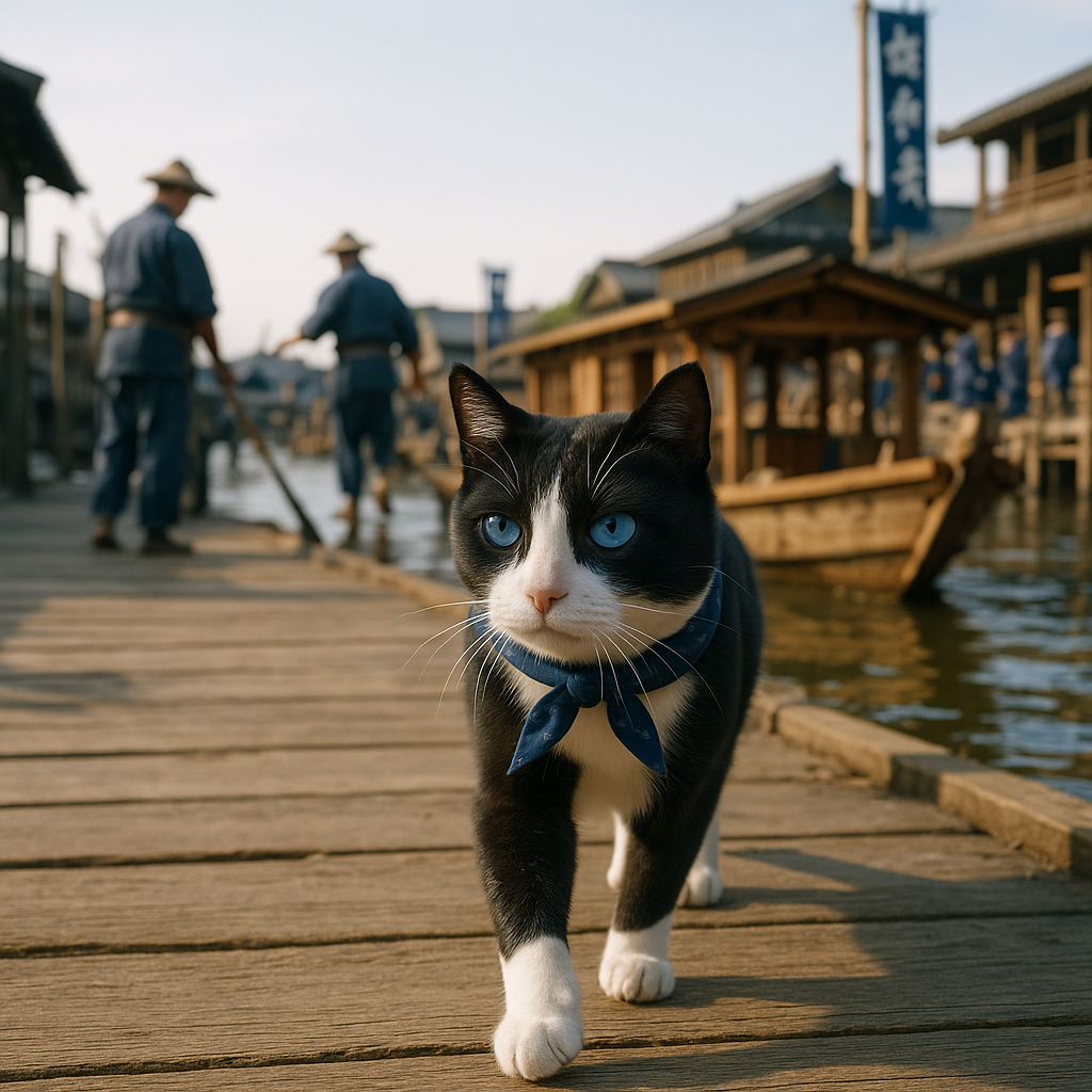 川辺を歩く藍手拭いの黒白猫