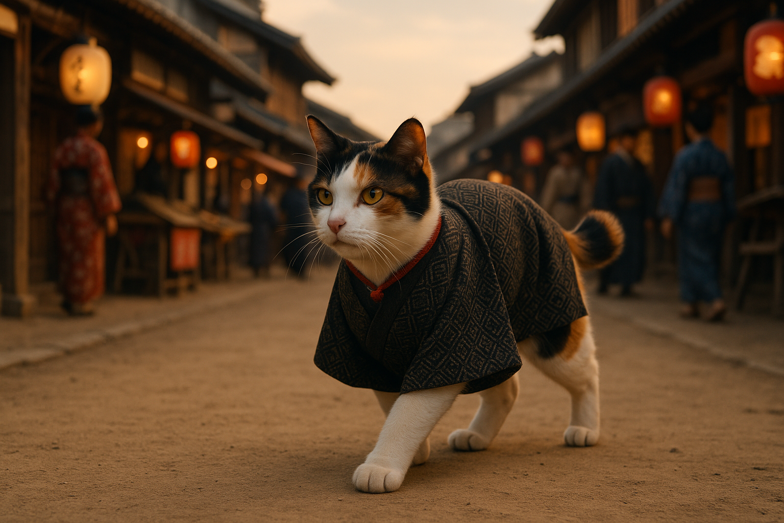 粋な着物猫、江戸の夕暮れを行く