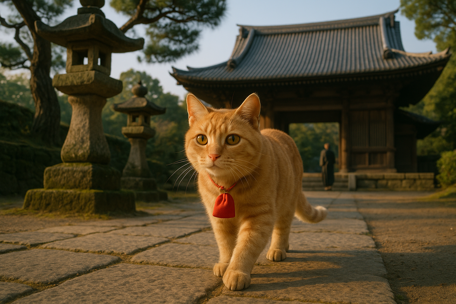 朝日を浴びる寺の守り猫