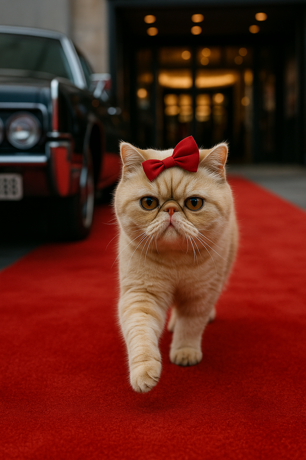 赤いリボンのスター猫、レッドカーペットを歩く