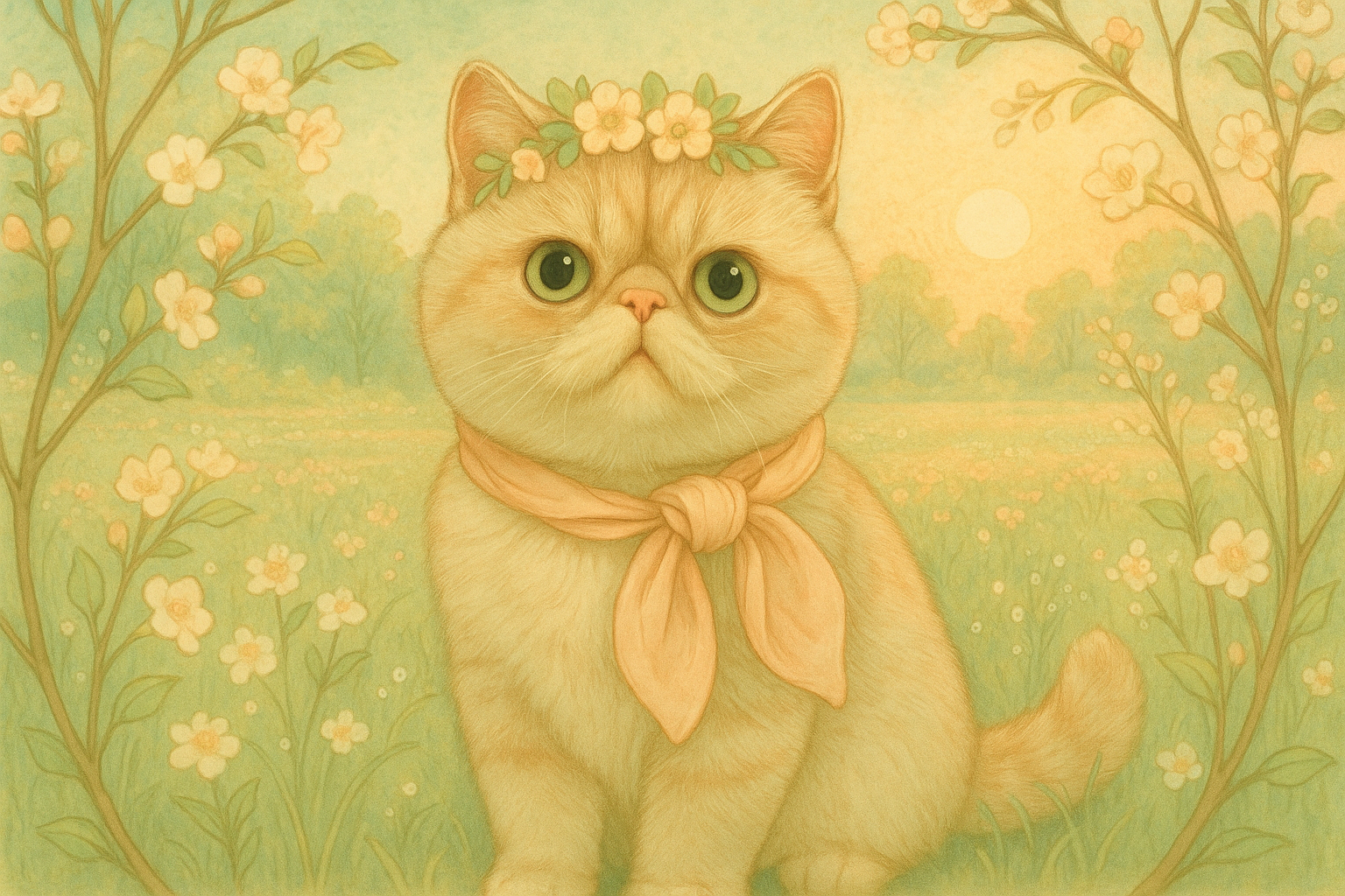 春の庭でたたずむエキゾチックショートヘア