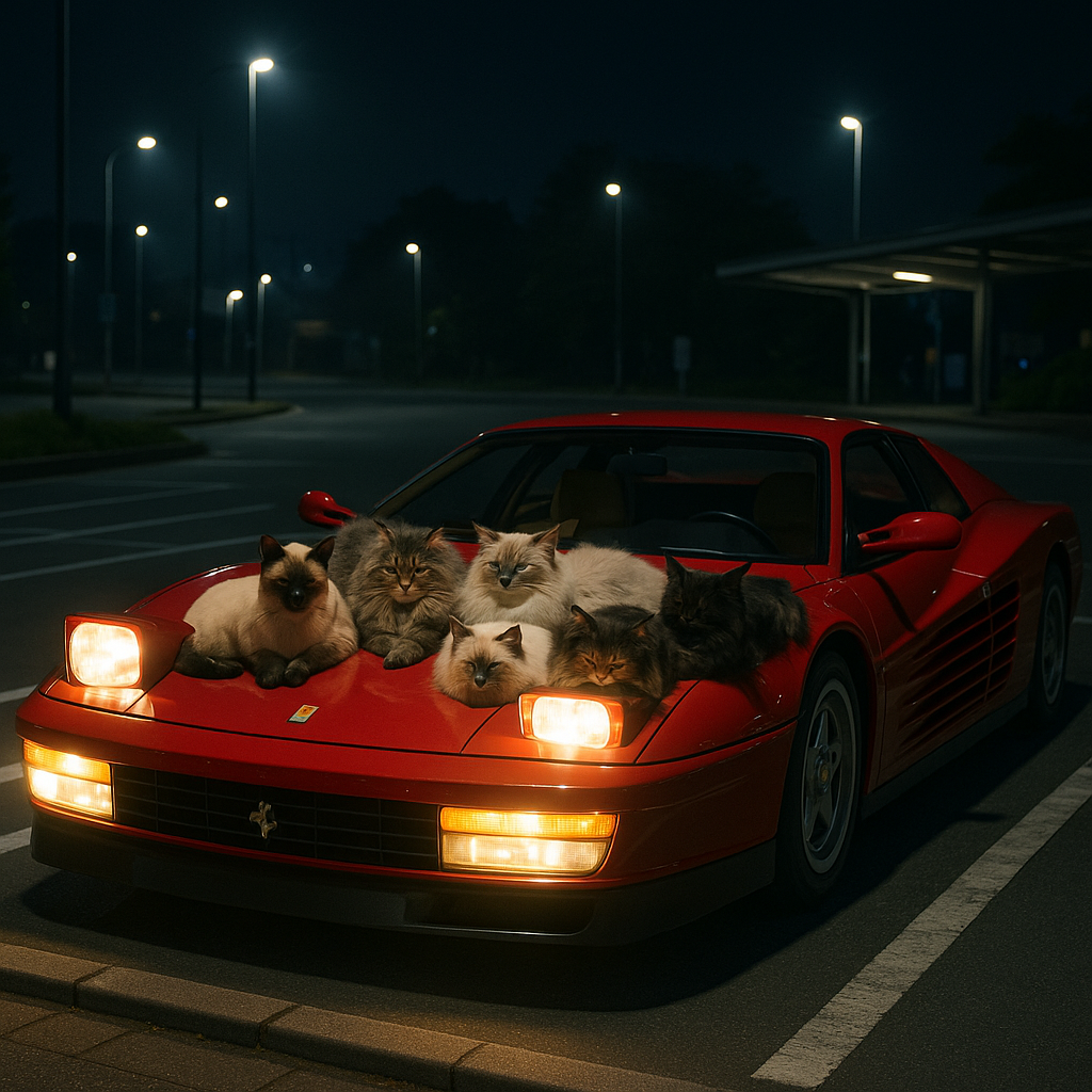 深夜のフェラーリと眠る猫たちのひととき