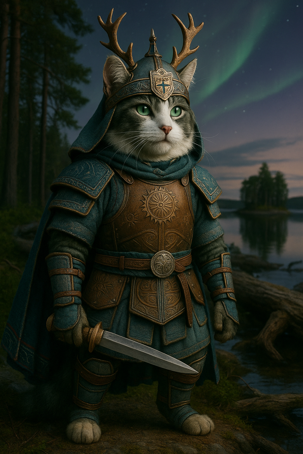森と湖に誓う光、フィンランド猫騎士の夕暮れ