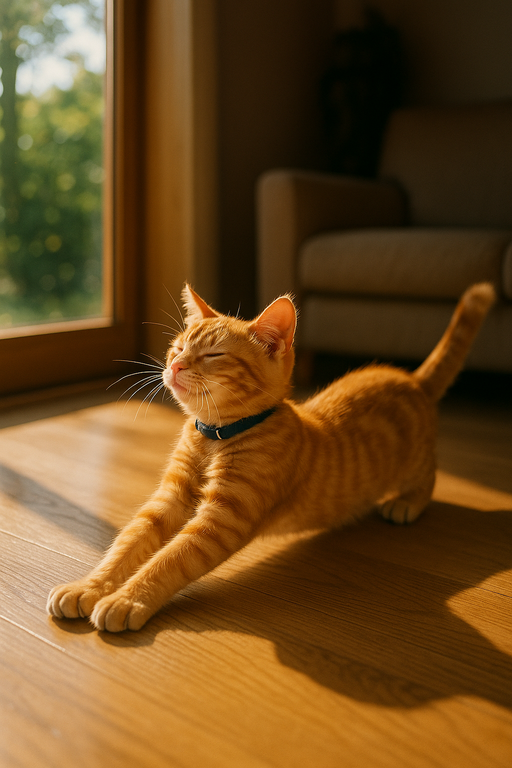 朝陽で伸びをする茶トラ仔猫