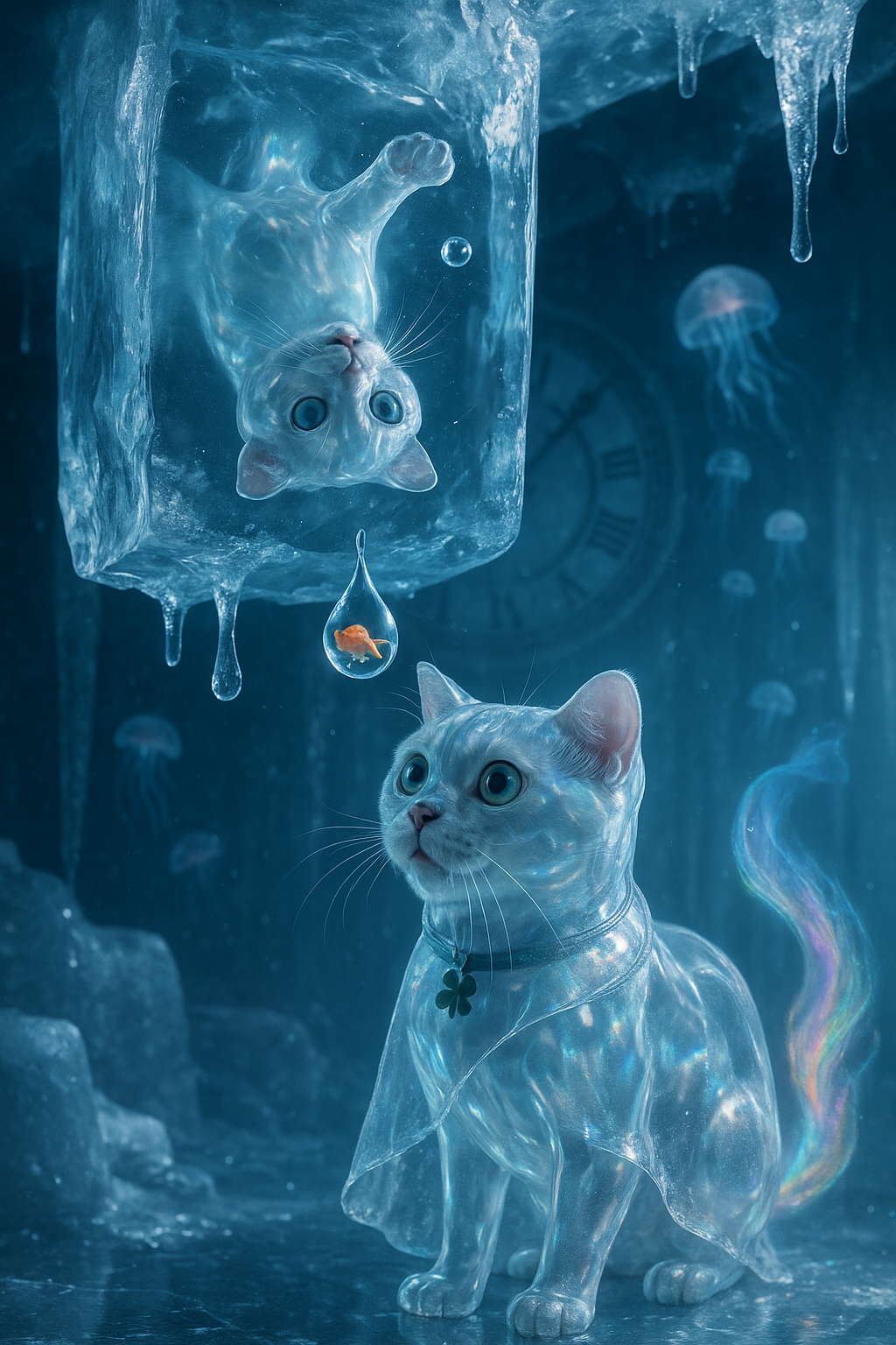 グラスファントムキャットと氷の朝のオーロラ幻想