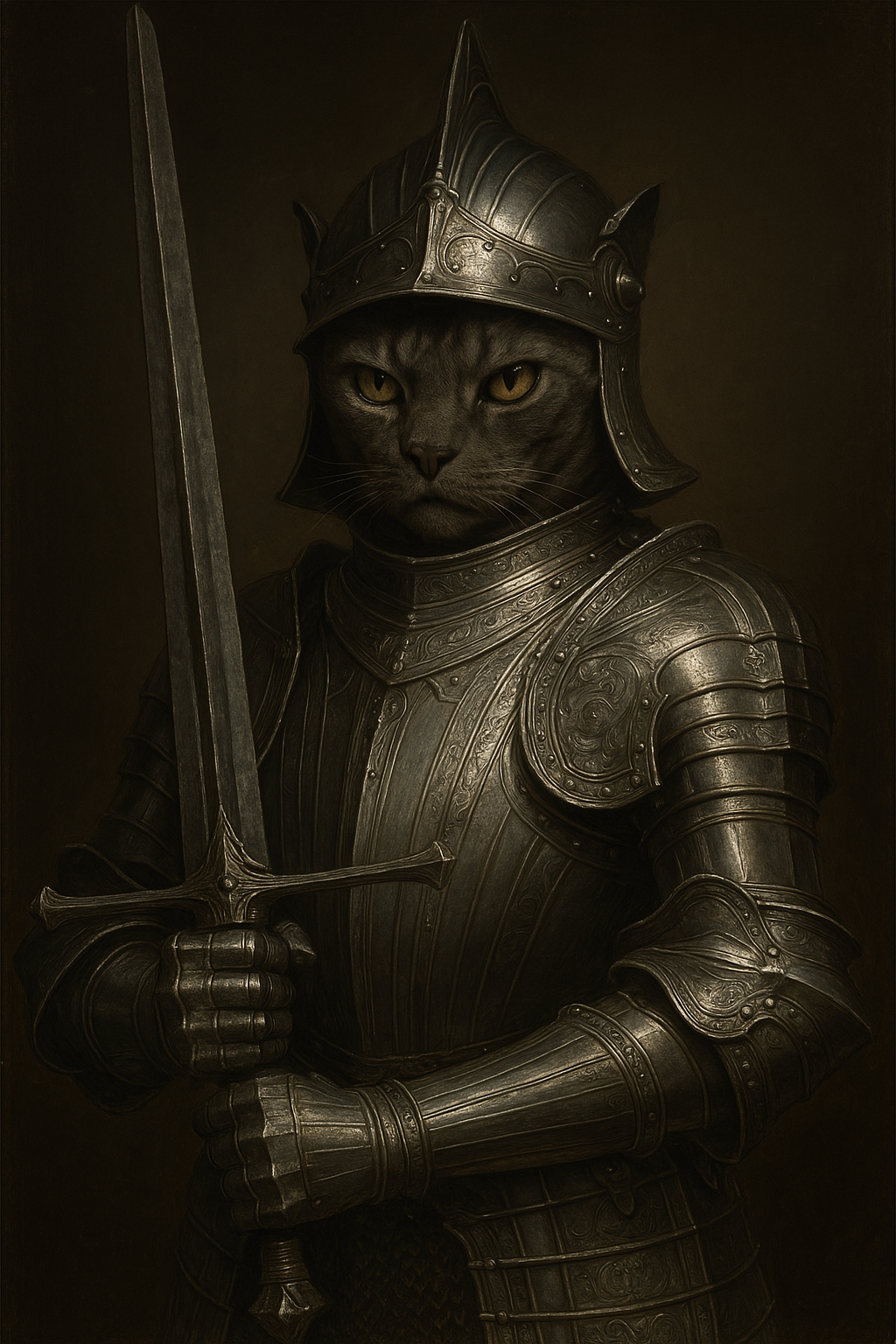 黙して剣を構える黒鉄の猫騎士