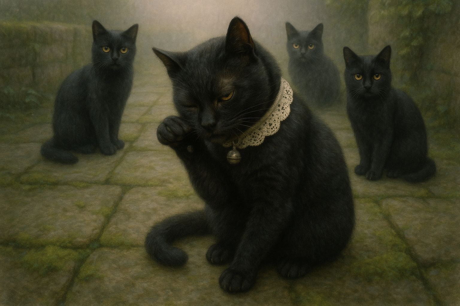 霧の庭園と黒猫たちの夕暮れ