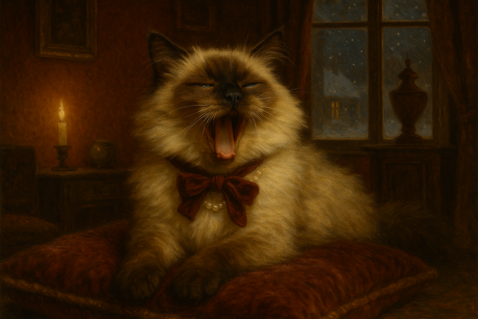 雪夜にあくびするヒマラヤン