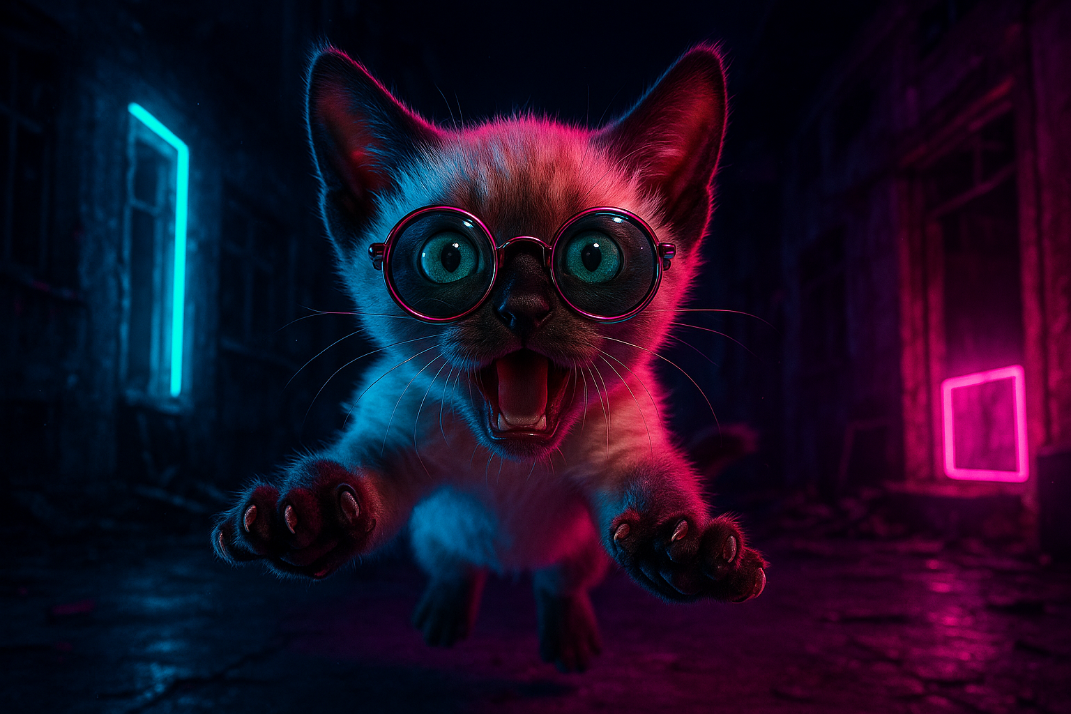 ネオンの廃墟を翔けるシャム仔猫