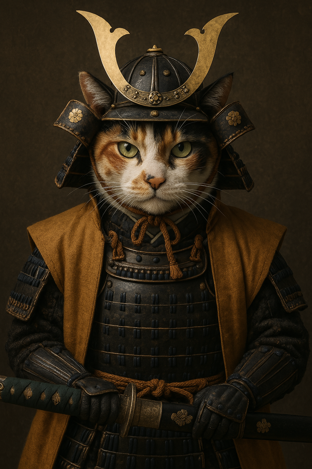 菊桐を戴く三毛の武士