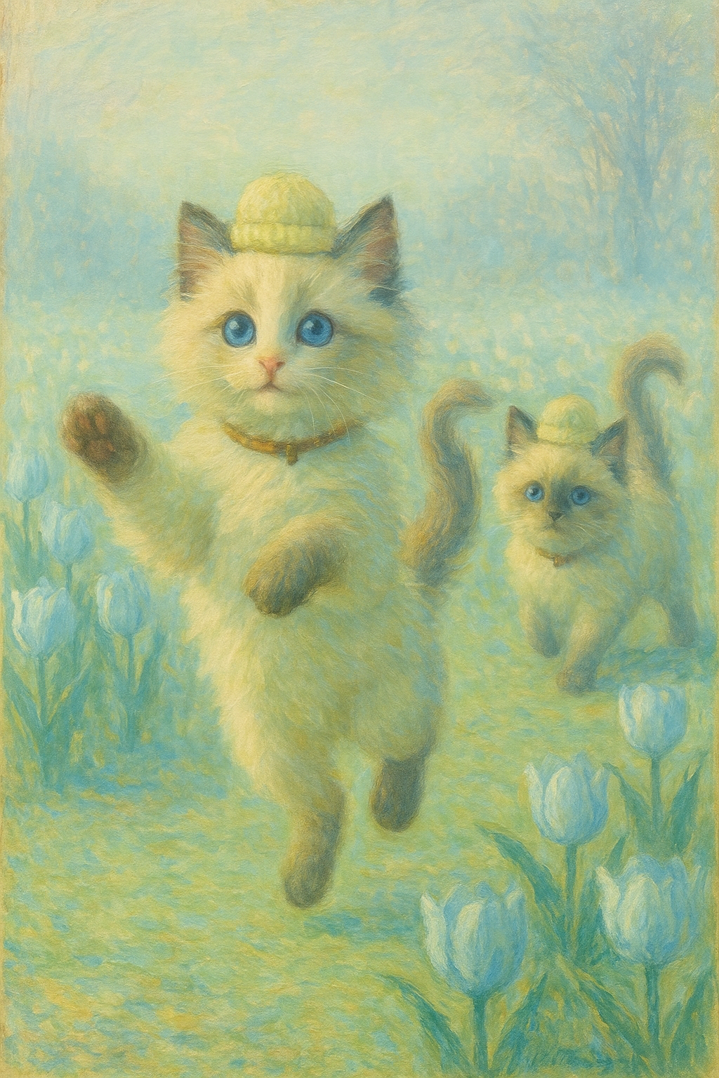 チューリップ畑で跳ねるラグドールの子猫たち