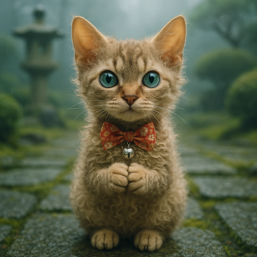 おねだりポーズのラパーマ仔猫と霧の日本庭園