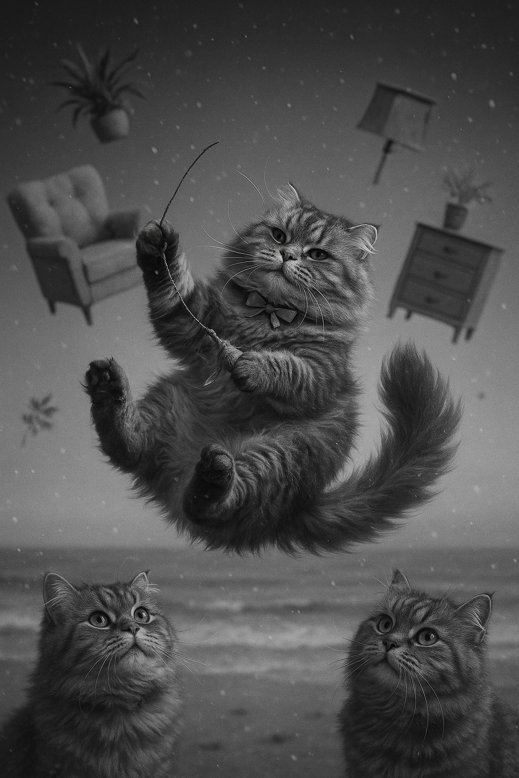 宙を舞うスコティッシュフォールドと不思議な冬の浜辺