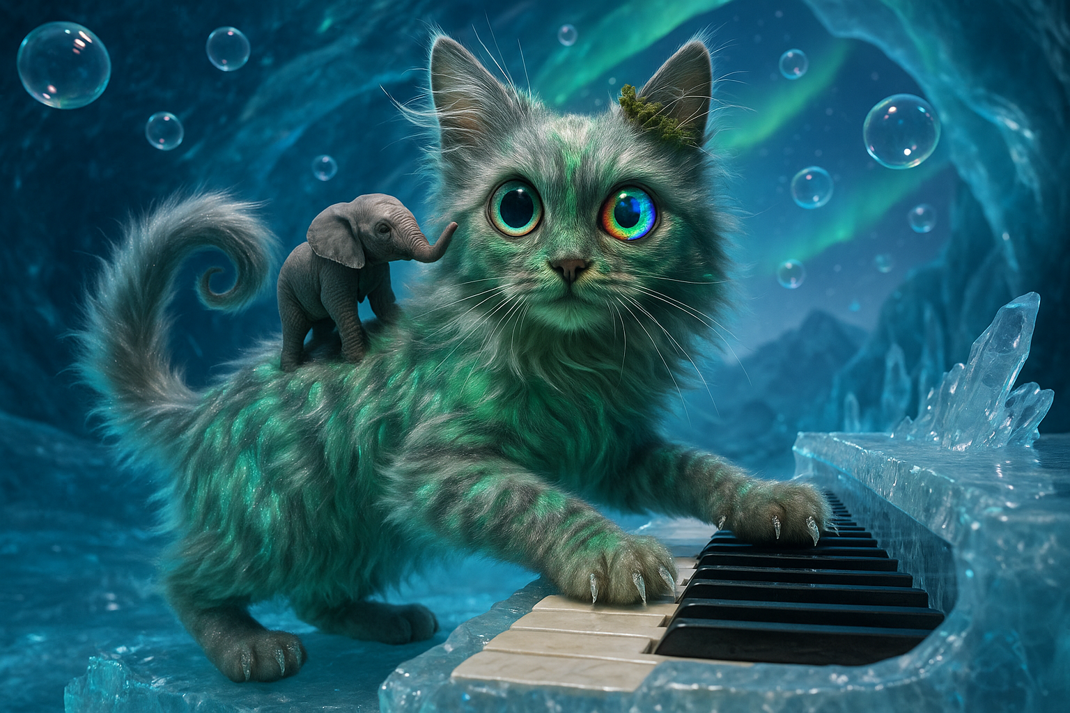氷洞ブルーに響く—魔法仔猫とゾウの友情ピアノ