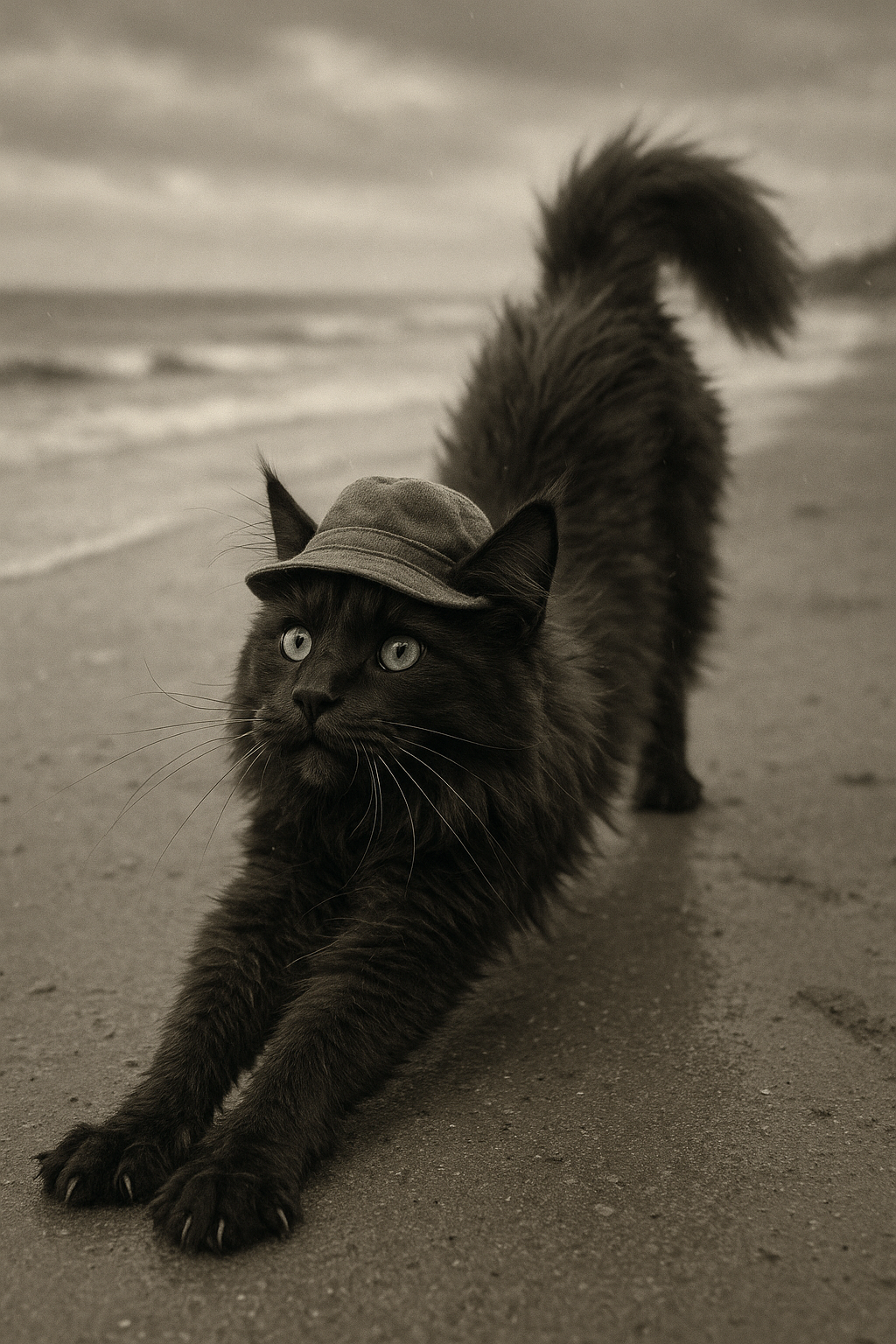 帽子をかぶったメインクーン老猫、浜辺のモノクロームストレッチ