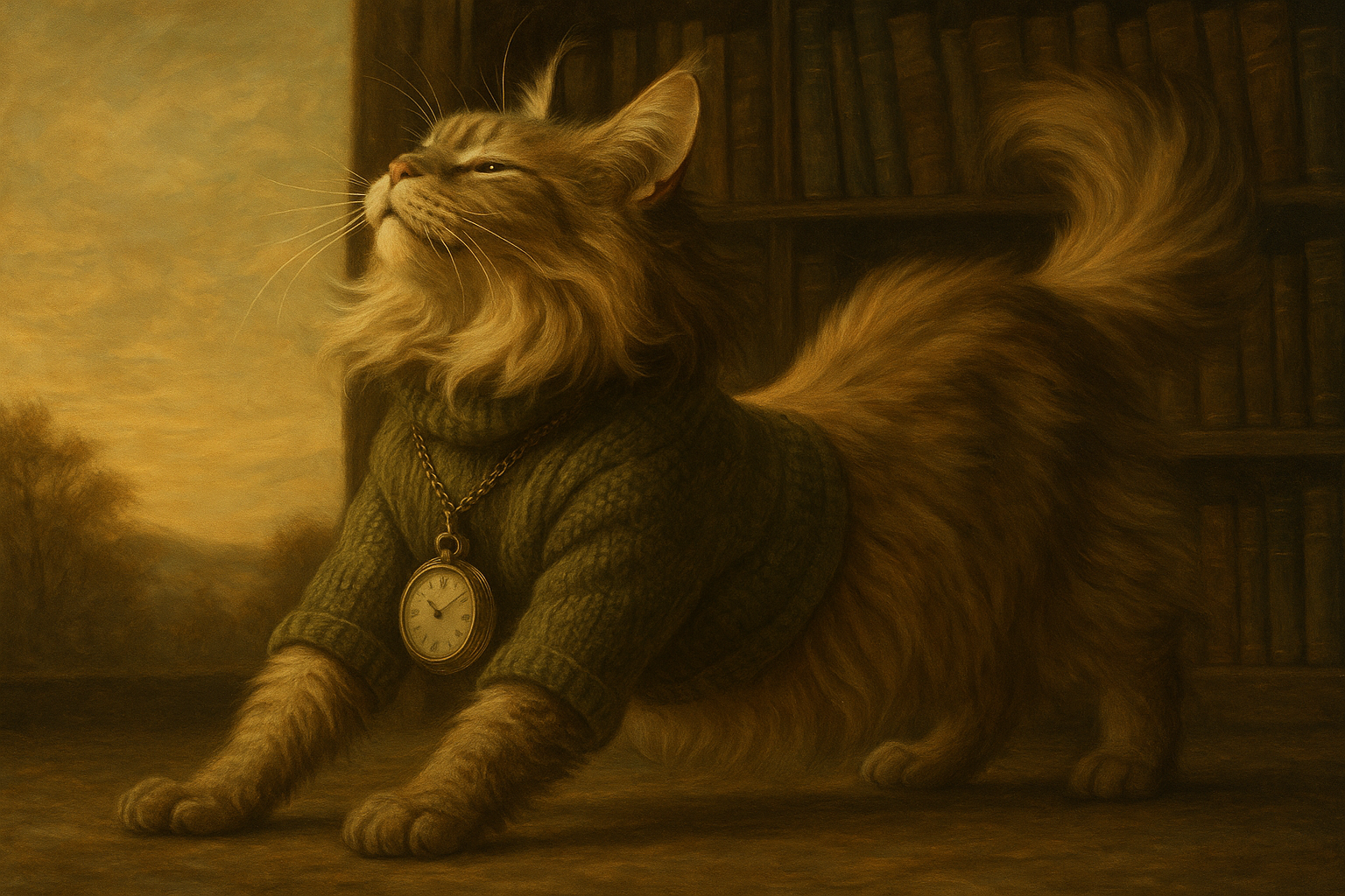 夕暮れ書斎と老猫の時計