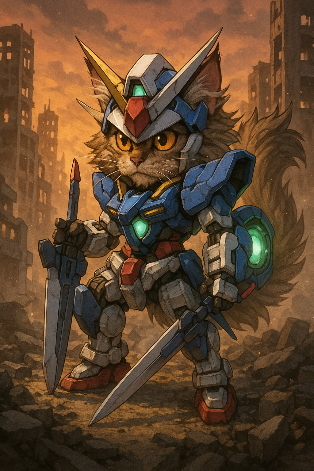 黄昏の廃墟に立つ剣士メインクーン