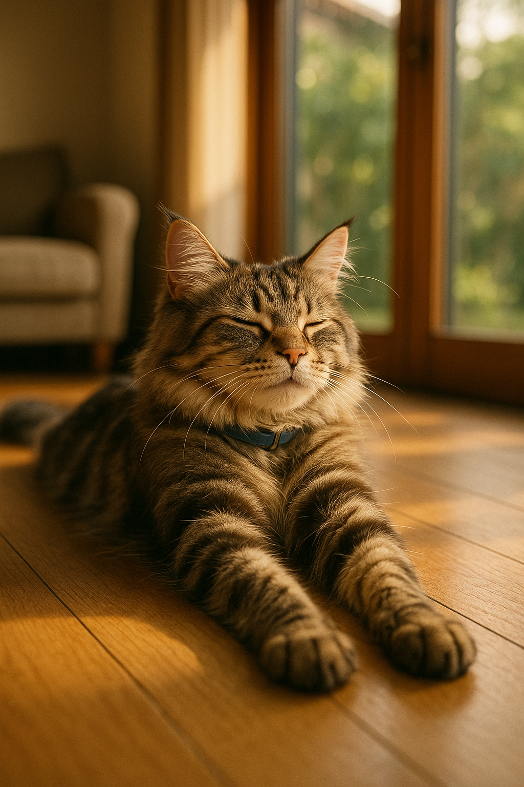 陽だまりで伸びるメインクーン