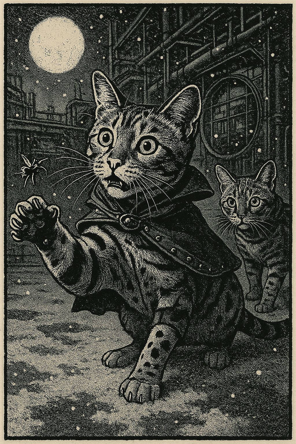 月光下のスチーム猫:雪夜に舞う小さな冒険