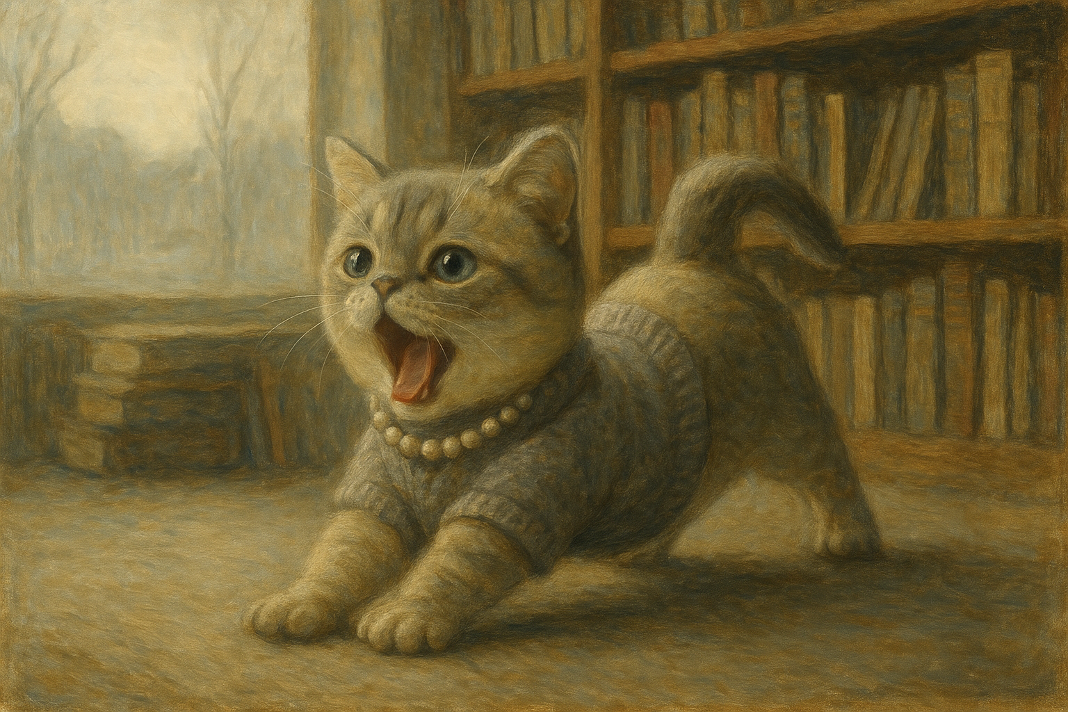 古書店の朝に背伸びするマンチカン