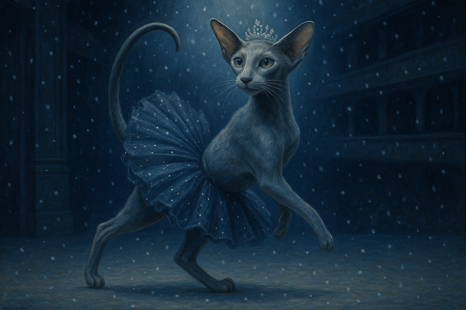雪の舞台のバレリーナ猫
