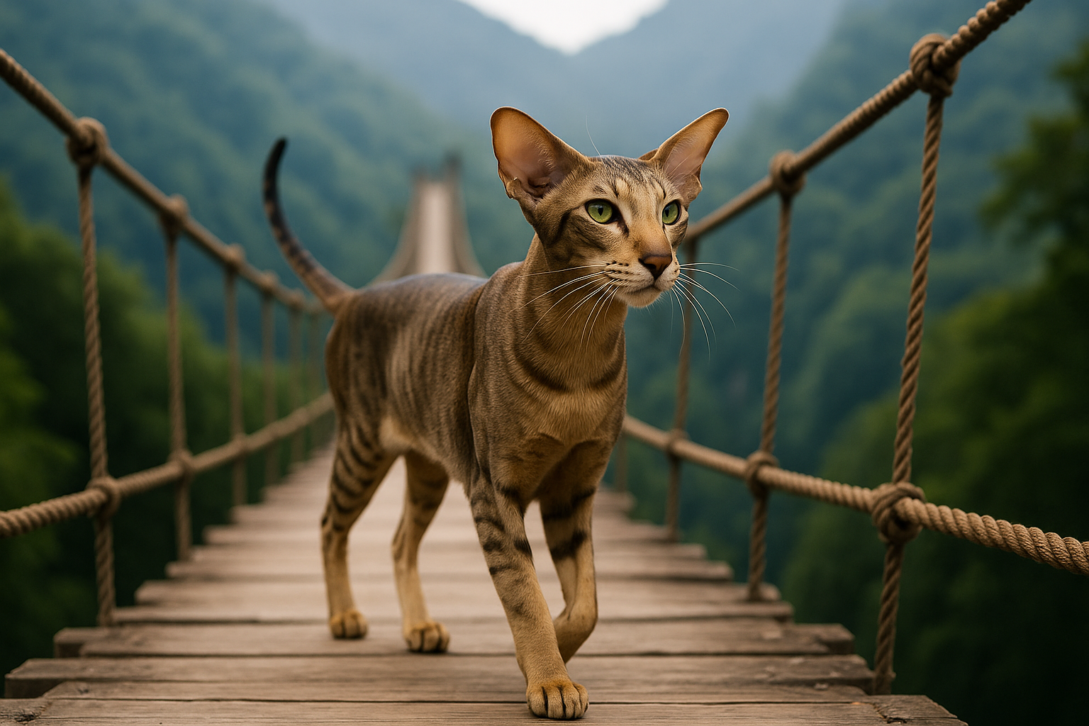 高き橋を渡る勇敢なる猫、オリエンタルの旅