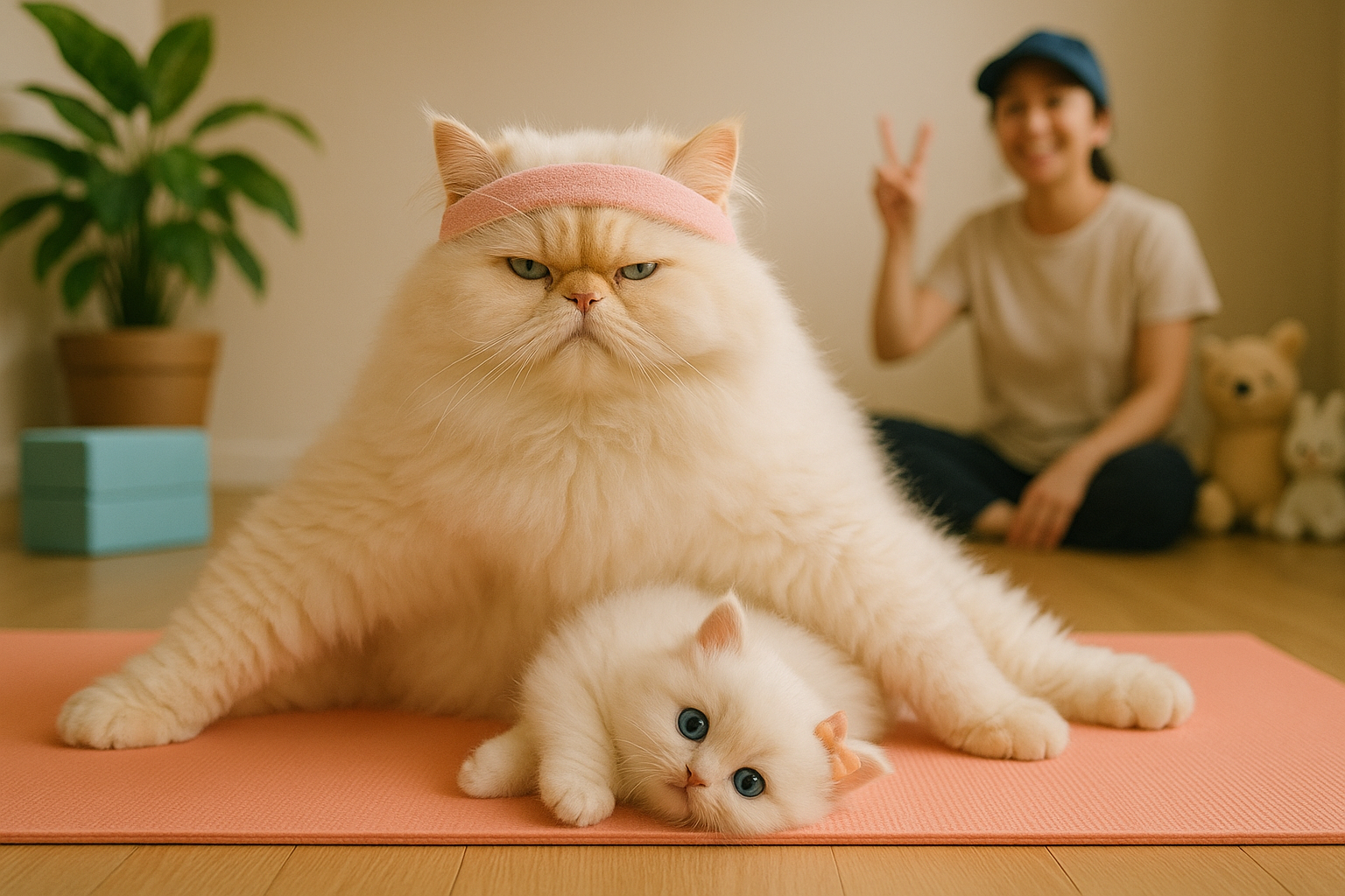 モフ王とおもちの朝ヨガレッスン:ねこ流リラックスの極意