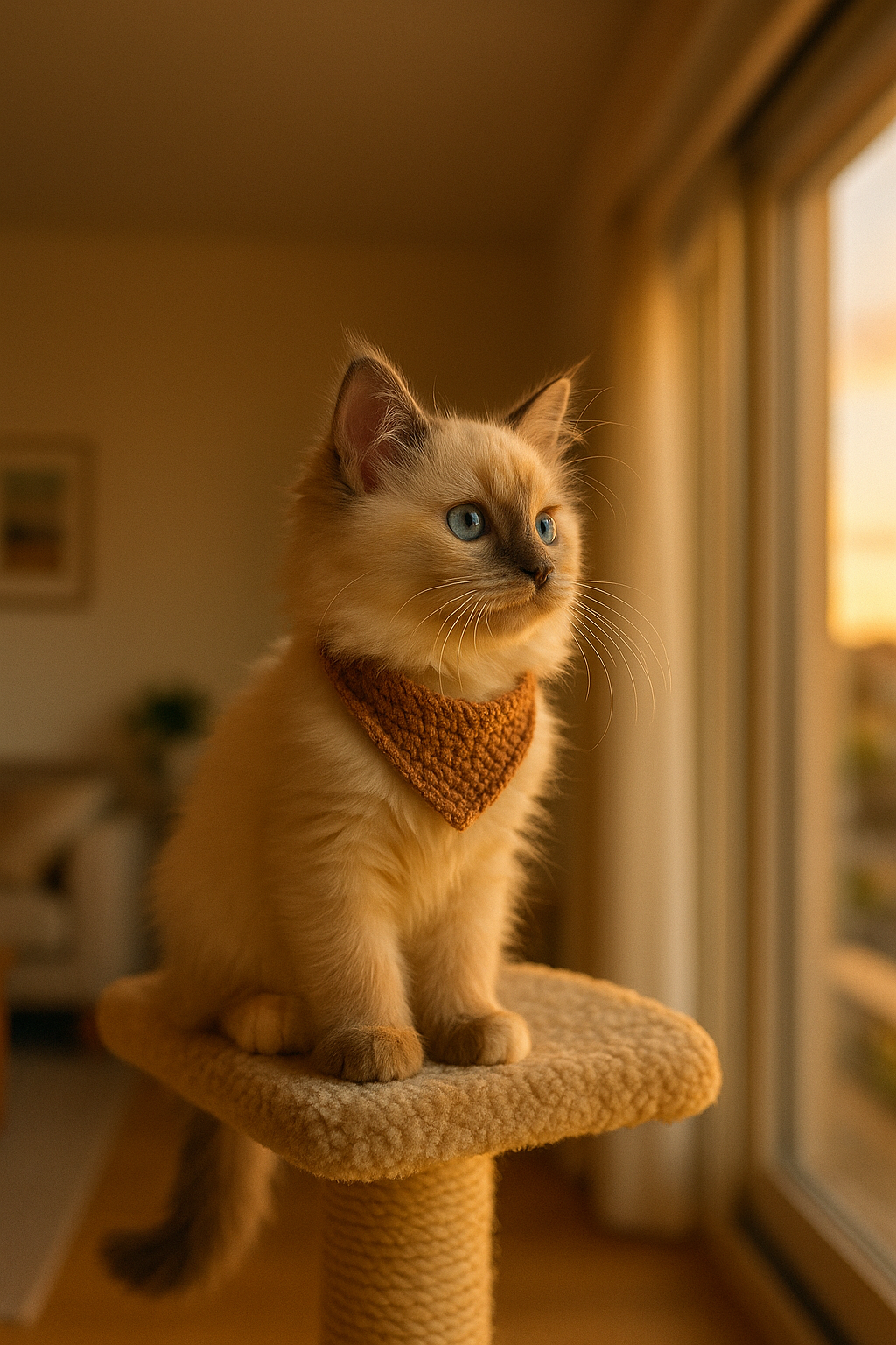 微笑むラグドール仔猫とやさしい夕暮れ