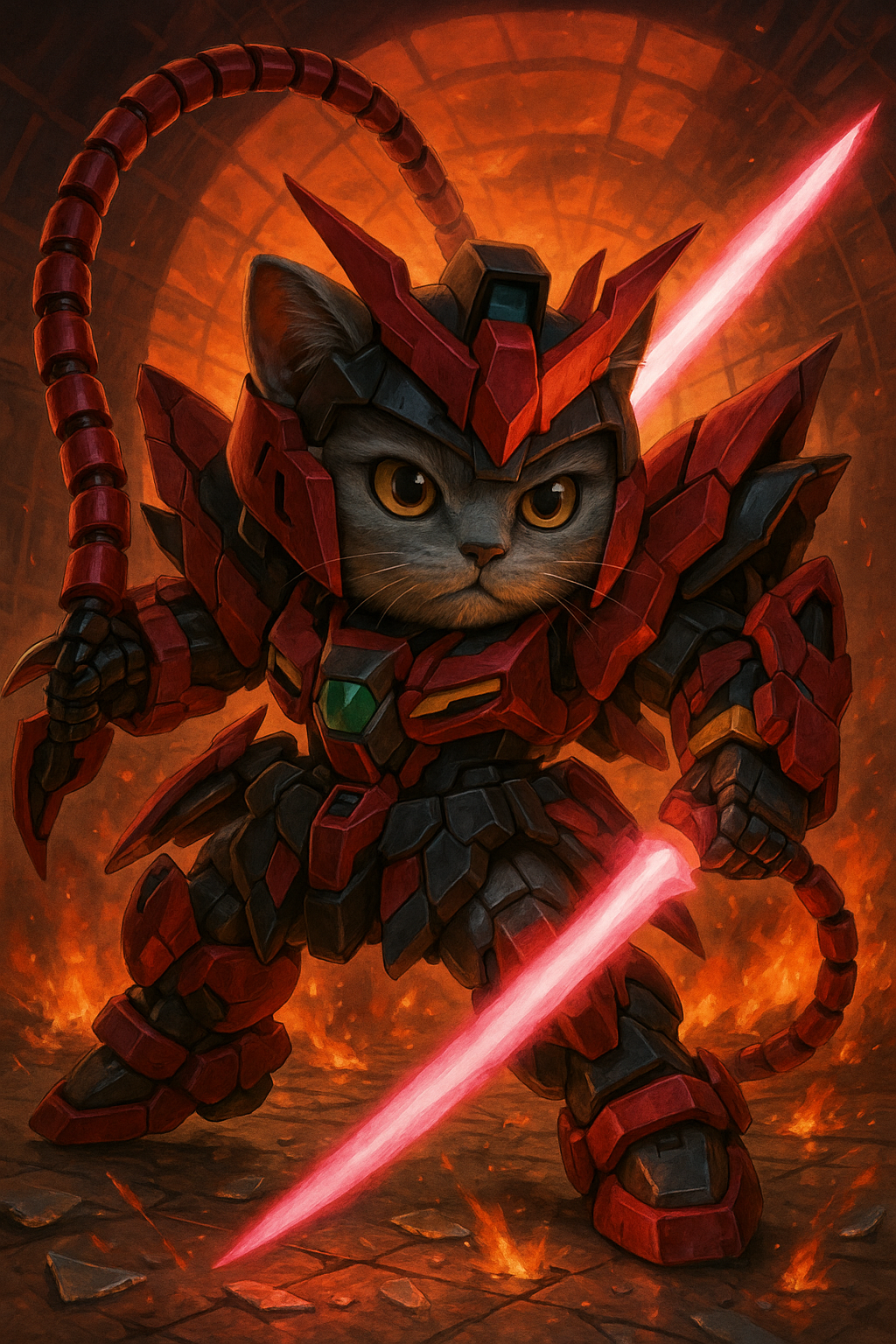 炎の戦場に立つ赤き戦士猫