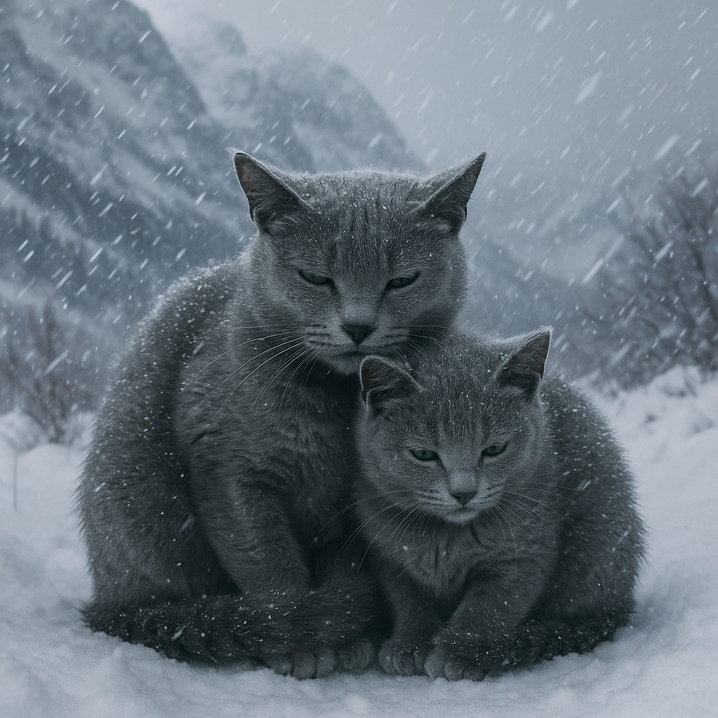 春を待つロシアンブルーの親子