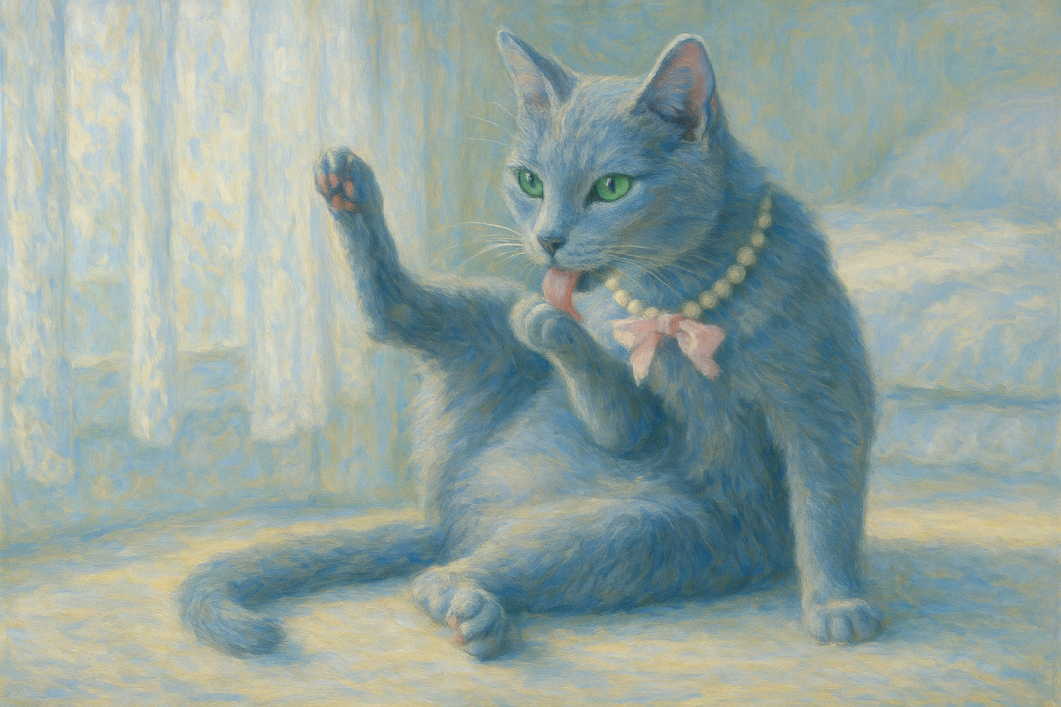 春の窓辺で毛づくろいするロシアンブルー