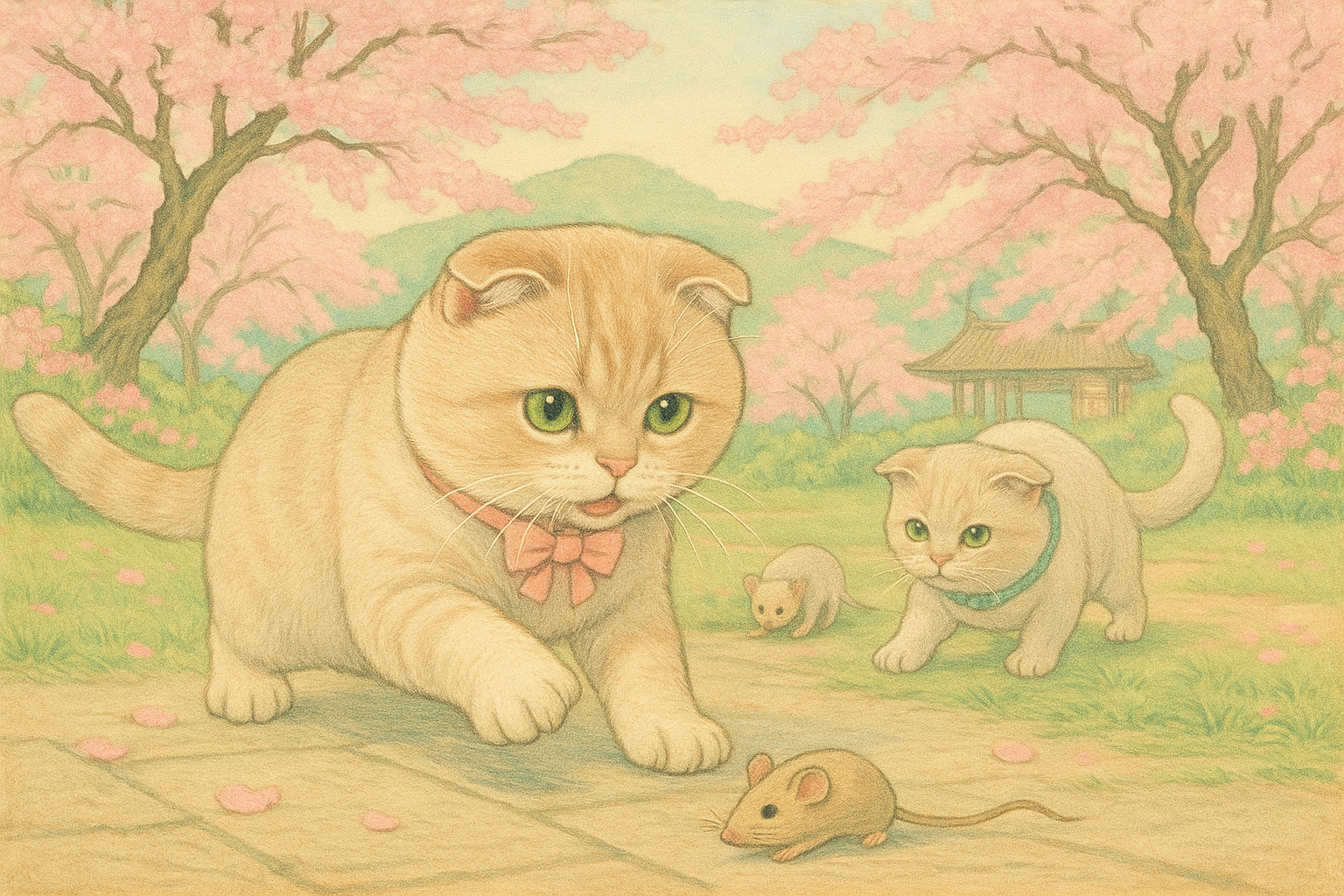 春の庭でネズミを追う猫たち