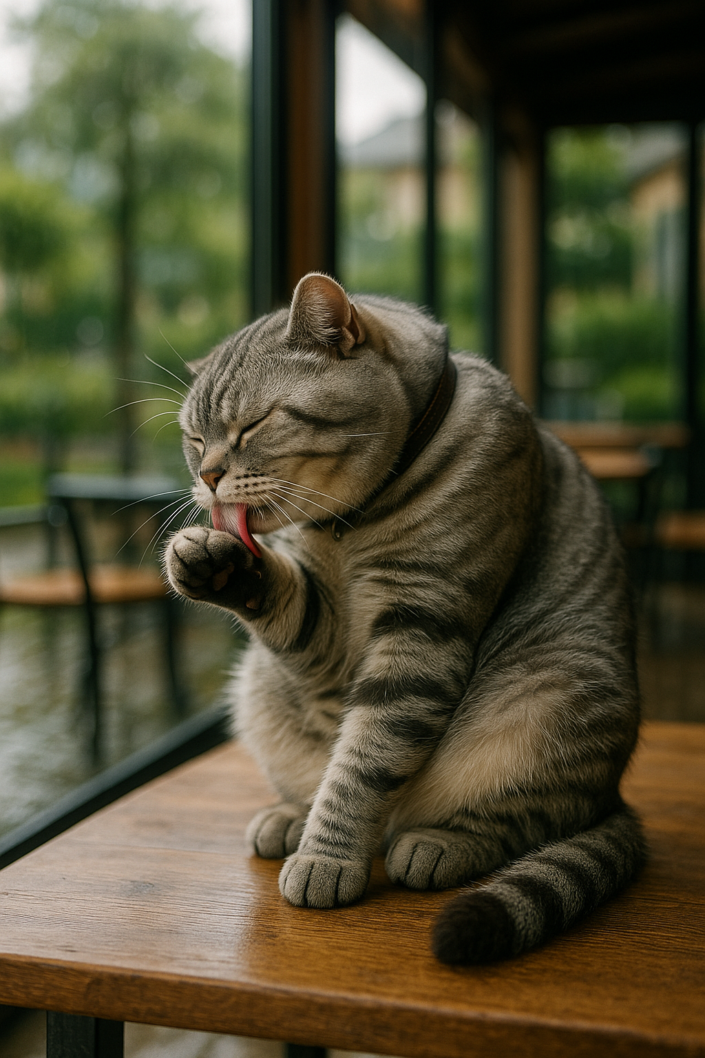 雨上がりのカフェで毛づくろいするスコティッシュフォールド