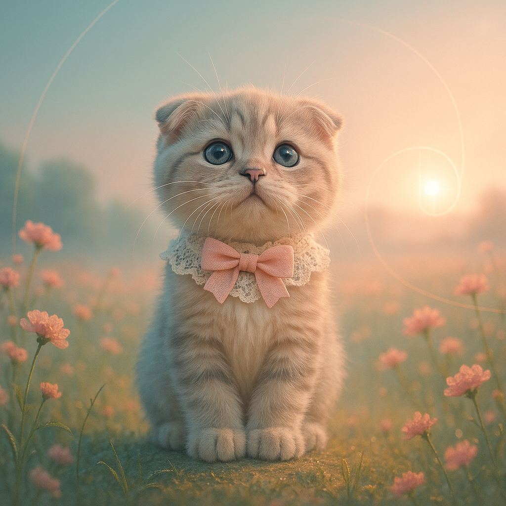 朝の田園でたたずむスコティッシュフォールドの仔猫