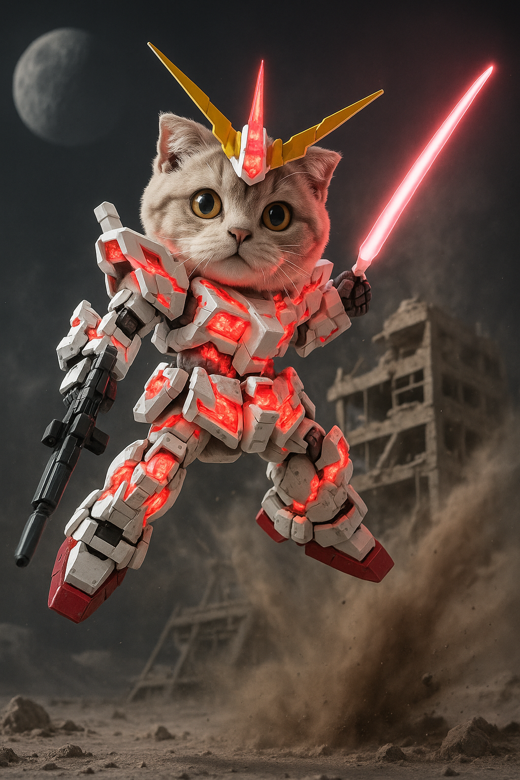 月面基地の廃墟で輝くスコティッシュフォールドの戦士