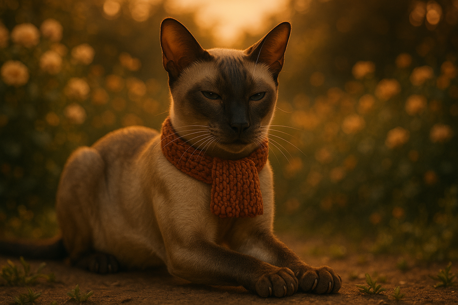 夕暮れの庭でこねこねするシャム猫