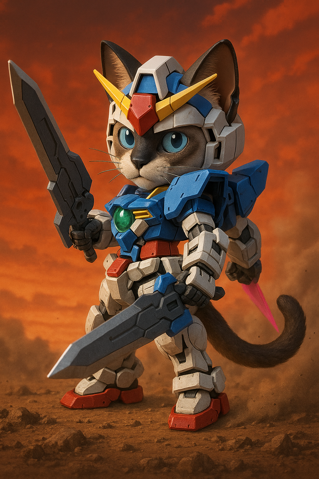 夕暮れの戦場に立つシャム猫の戦士